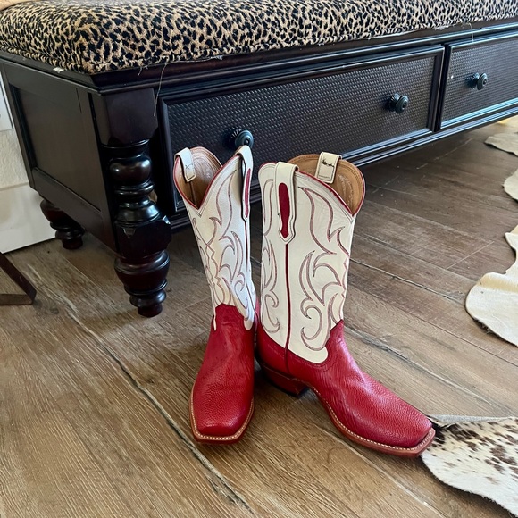 Fengolio Shoes - Red and Cream Smooth Ostrich Boots 7.5 B